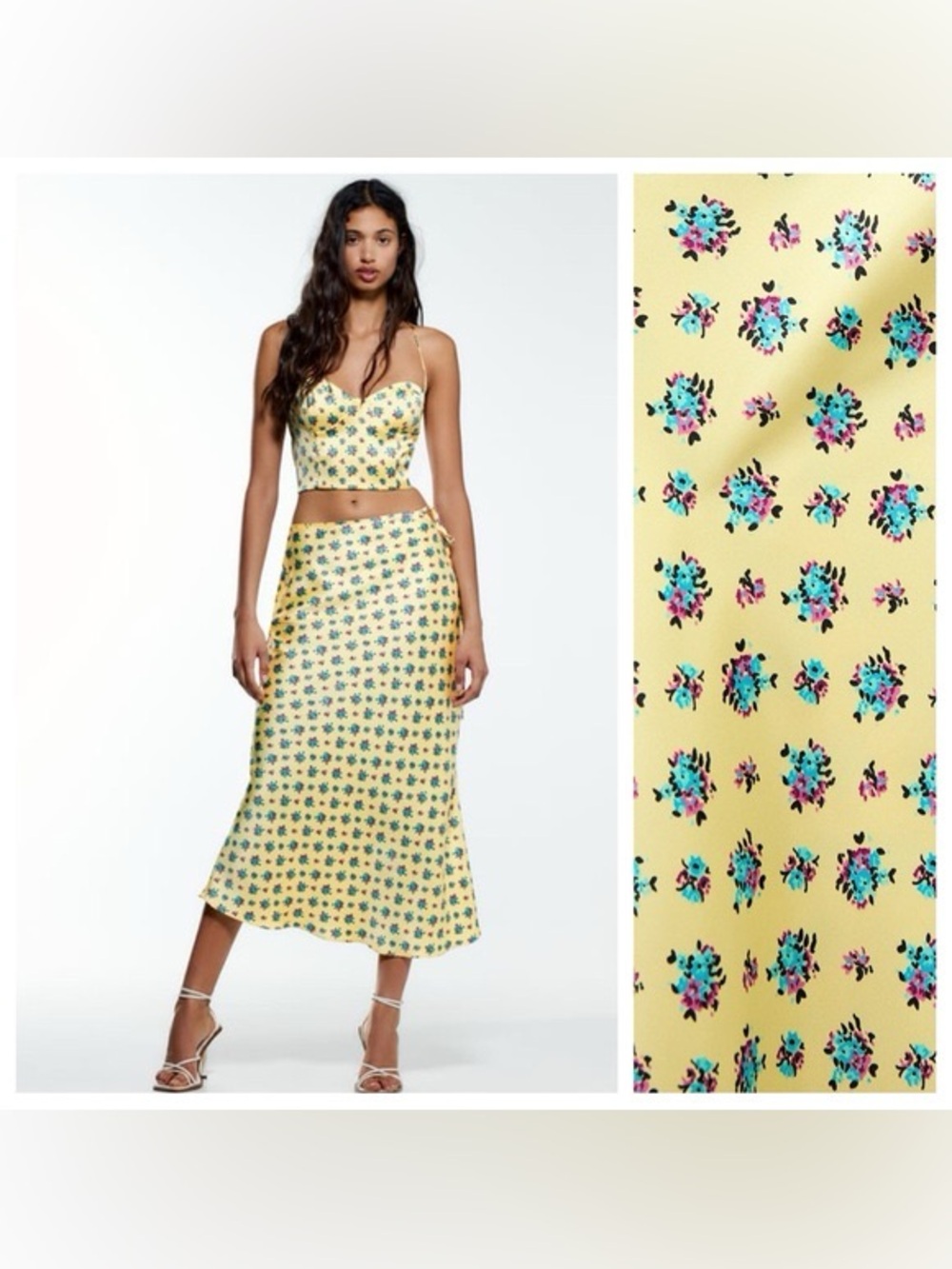 Zara Butter Yellow Floral Slip Midi Skirt Satin Medium